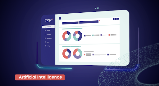 A screenshot of the TagX platform highlighting an Artificial Intelligence-powered dashboard. The display features colorful pie charts and analytics, with a sidebar menu on the left offering navigation to various sections like Reports, Customers, and Configuration. The overall design is sleek and modern, with vibrant colors and a smooth interface that emphasizes AI-driven insights.